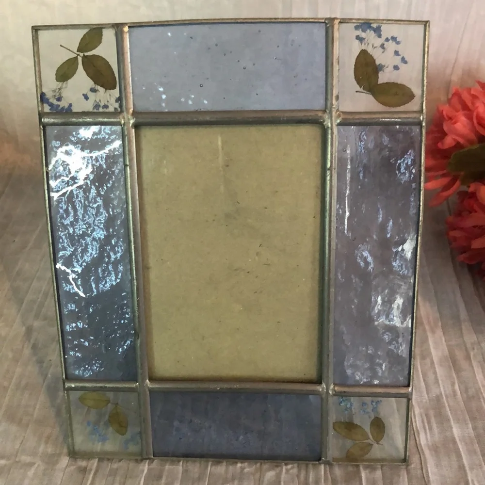 Lot of 4 silver picture frames filigree design pressed flowers vacation themed